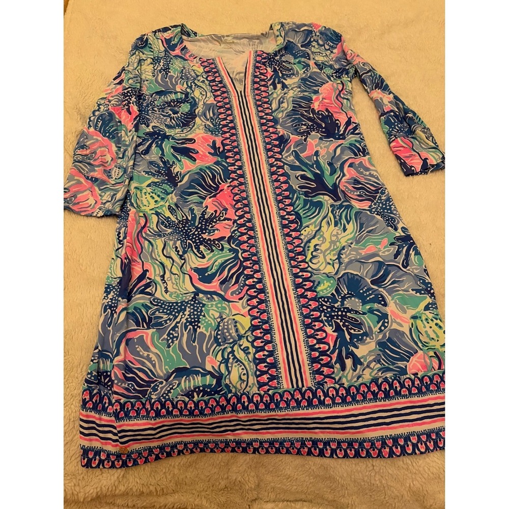 Lilly Pulitzer Hollee Dress Womens Large Blue Pink Coral Long Sleeve Shift Knit